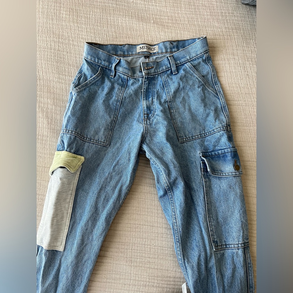 Vintage Menace Blue Denim Cargo Jeans 90’s Sweatpants packet Medium 31 x 32 New